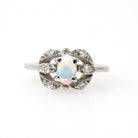 Opal & Diamond Ring - Mid Century 14k White Gold Oval Cabochon Cut Gemstone Halo - Circa 1960s Era Size 5 1/2 October Birthstone Jewelry