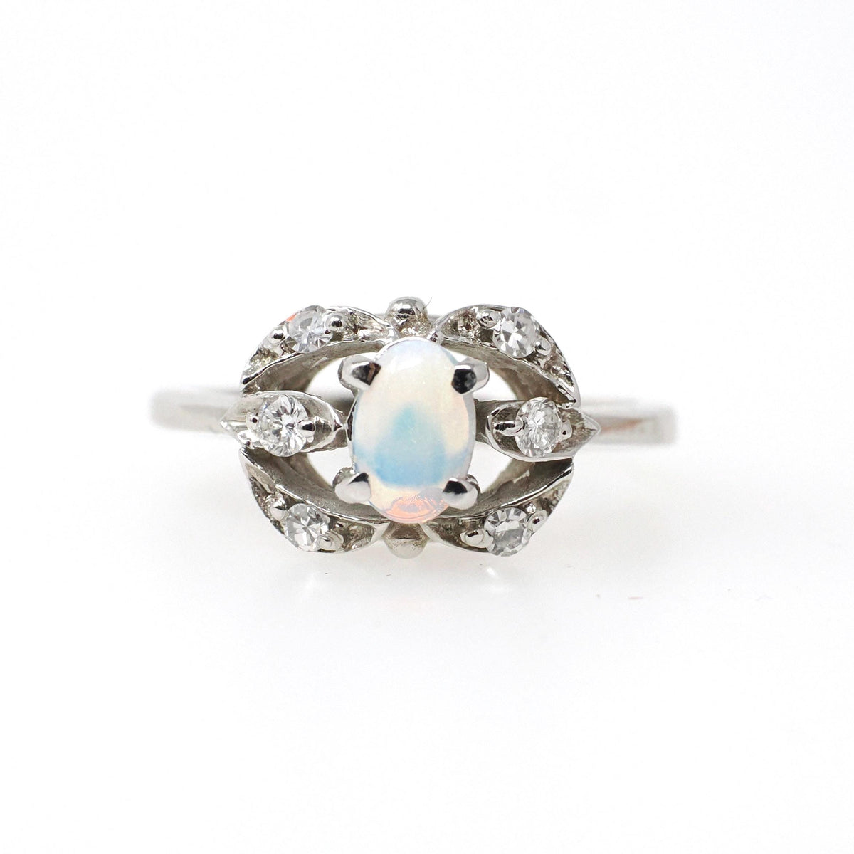 Opal & Diamond Ring - Mid Century 14k White Gold Oval Cabochon Cut Gemstone Halo - Circa 1960s Era Size 5 1/2 October Birthstone Jewelry