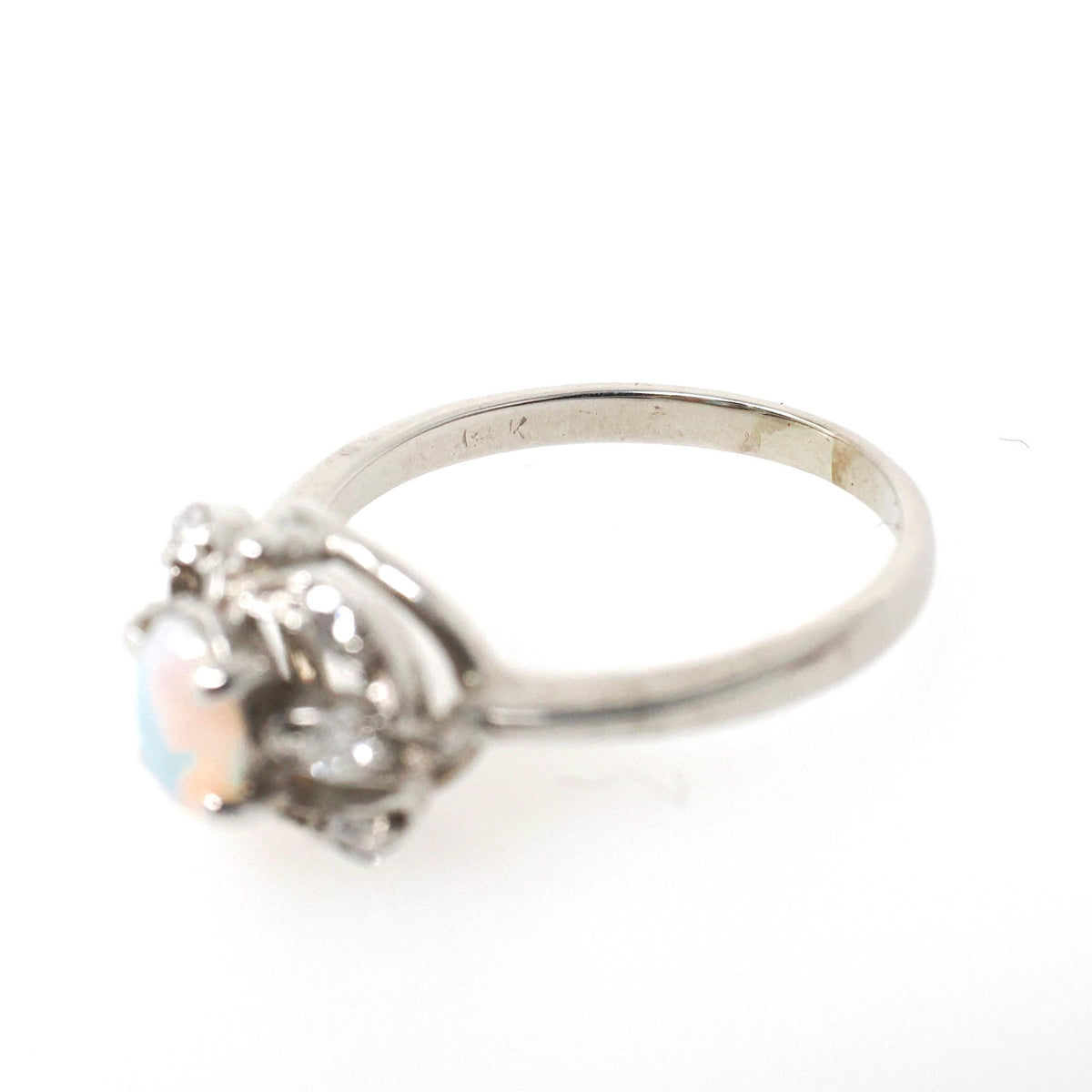 Opal & Diamond Ring - Mid Century 14k White Gold Oval Cabochon Cut Gemstone Halo - Circa 1960s Era Size 5 1/2 October Birthstone Jewelry