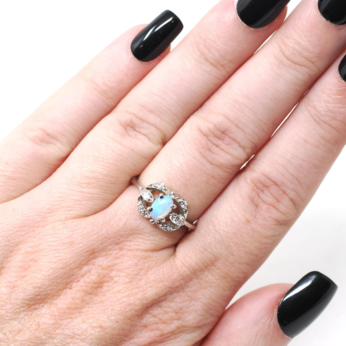 Opal & Diamond Ring - Mid Century 14k White Gold Oval Cabochon Cut Gemstone Halo - Circa 1960s Era Size 5 1/2 October Birthstone Jewelry