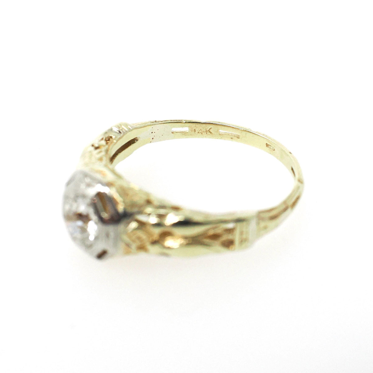 Art Deco Engagement Ring - Vintage 14k Yellow & White Gold 0.35 CT Diamond Solitaire - Circa 1930s Size 5 1/2 Lovebird Filigree Fine Jewelry