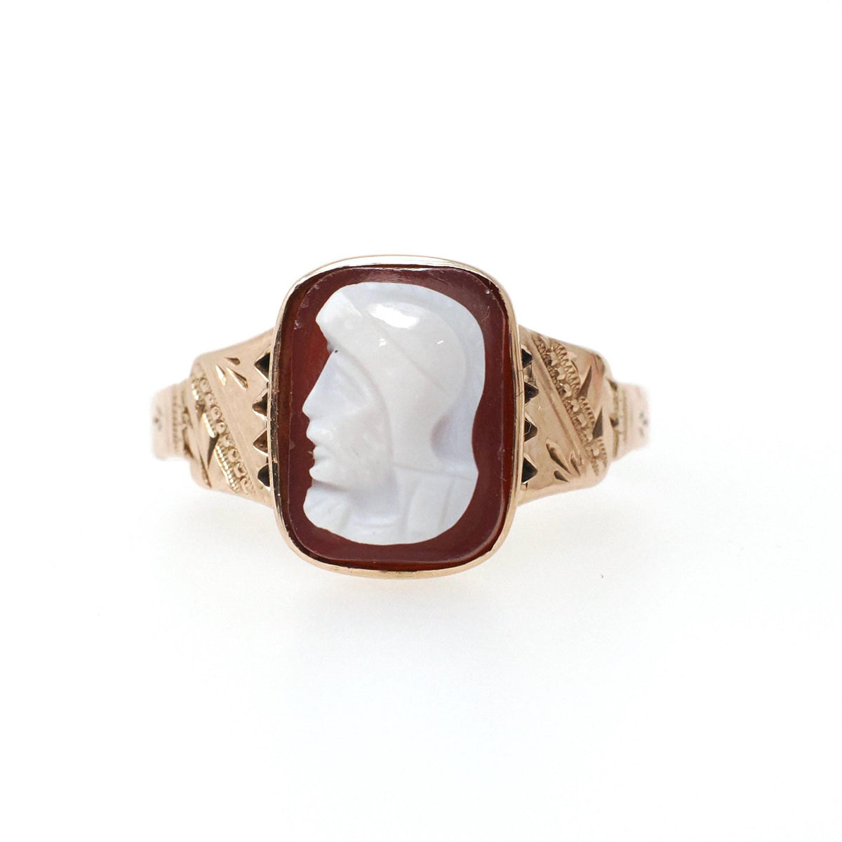 Antique Cameo Ring - Victorian 10k Rosy Yellow Gold Carved Soldier Red White Sardonyx Gemstone - Circa 1890 Size 5.25 Statement Fine Jewelry