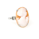 Vintage Cameo Ring - Art Deco Era 10k White Gold Oval Carved Orange Shell - Circa 1930s Era Size 6 Women's Profile Fine Statement Jewelry