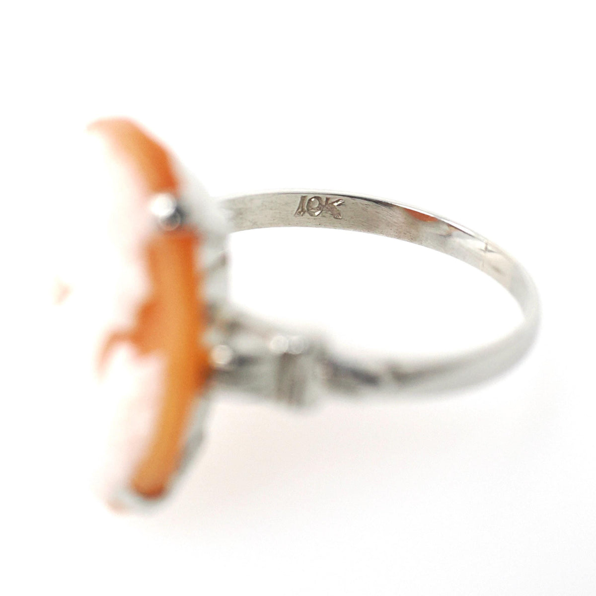 Vintage Cameo Ring - Art Deco Era 10k White Gold Oval Carved Orange Shell - Circa 1930s Era Size 6 Women's Profile Fine Statement Jewelry