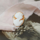 Vintage Cameo Ring - Art Deco Era 10k White Gold Oval Carved Orange Shell - Circa 1930s Era Size 6 Women's Profile Fine Statement Jewelry