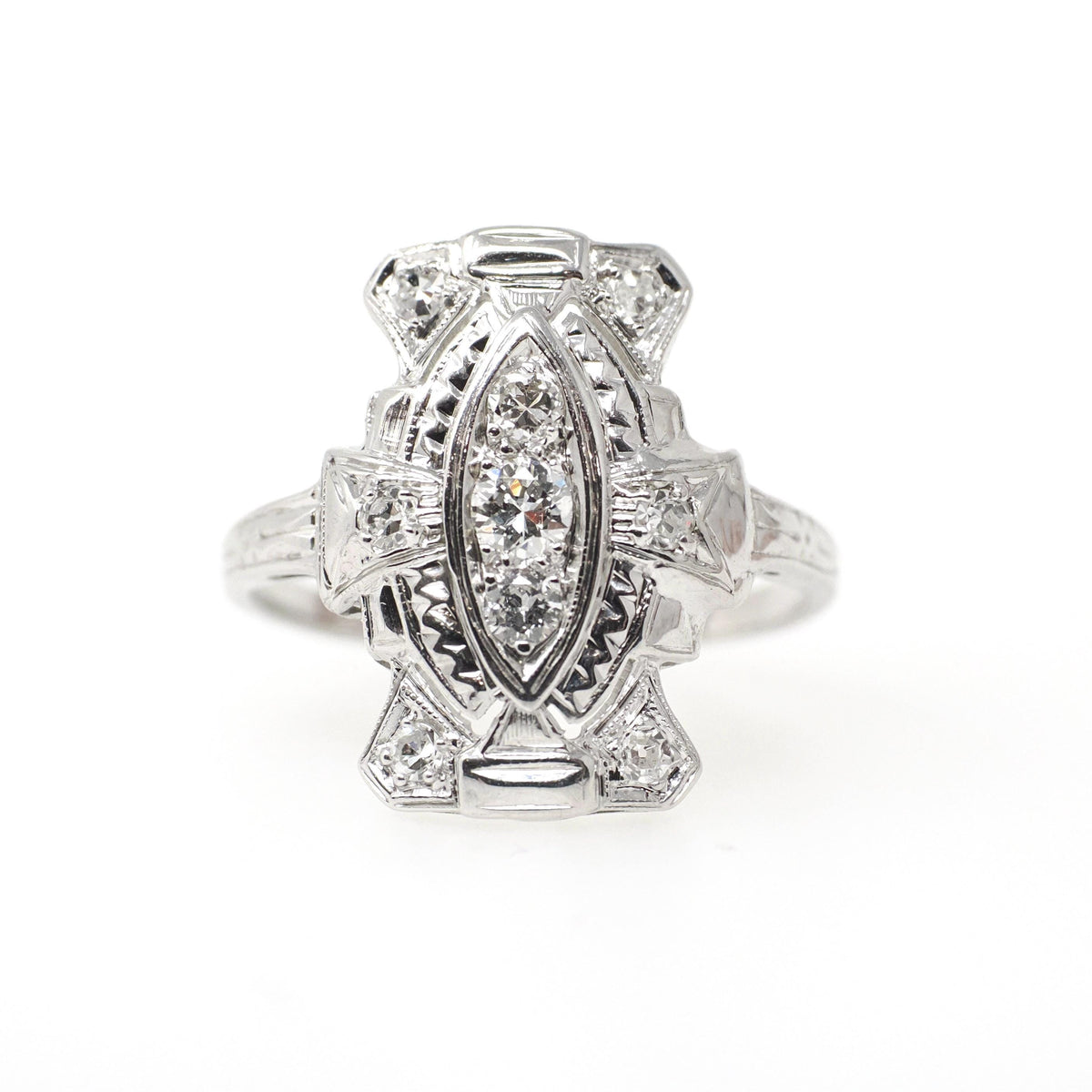 Vintage Diamond Ring - Art Deco 18k White Gold .33 CTW Natural Gemstone Shield - Circa 1930s Era Size 6 1/4 Statement Fine Bridal Jewelry