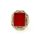 Art Deco Enamel Ring - Vintage 14k Yellow Gold Square Red Carnelian Gemstone - Circa 1930s Era Size 7 Cocktail Shield Fine Jewelry