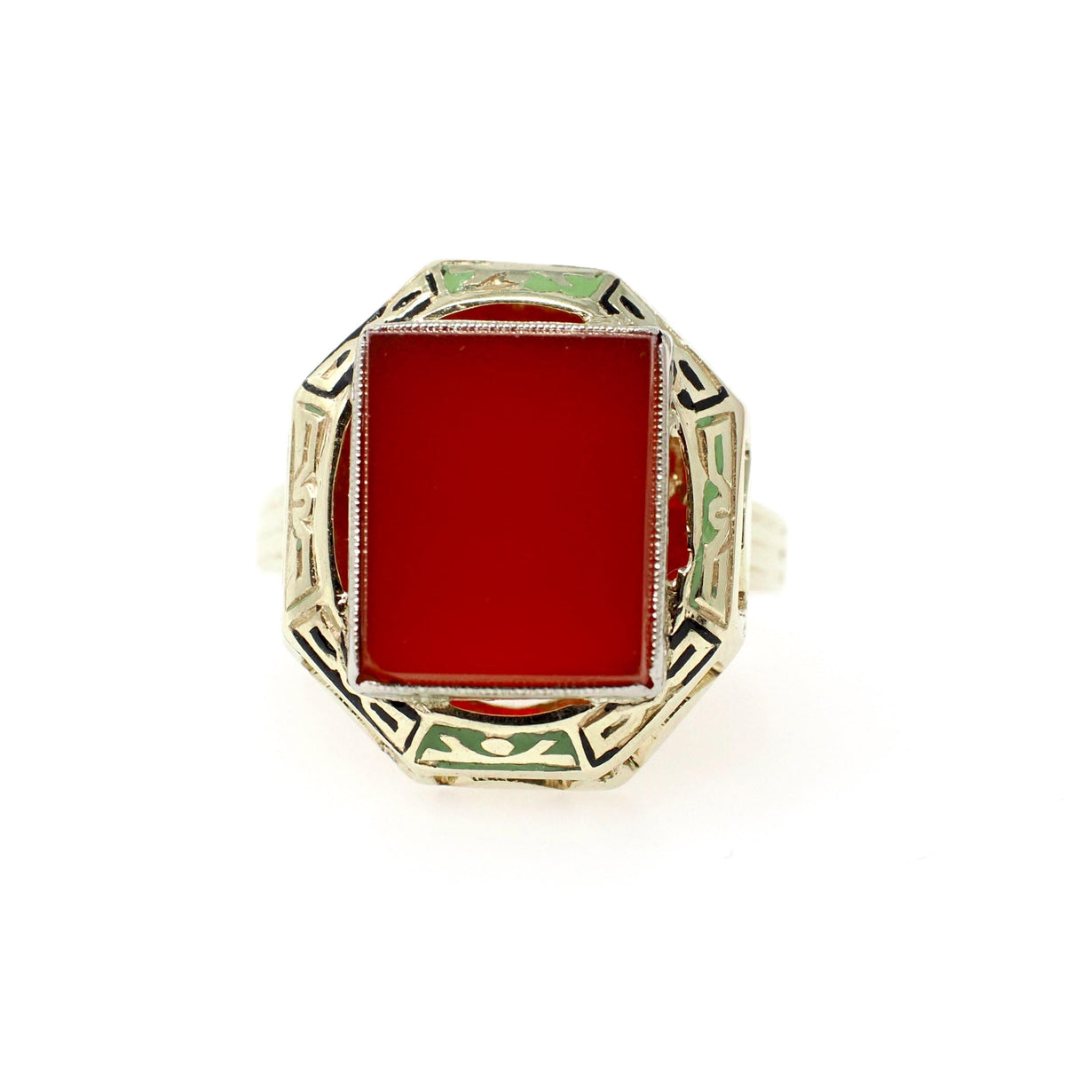Art Deco Enamel Ring - Vintage 14k Yellow Gold Square Red Carnelian Gemstone - Circa 1930s Era Size 7 Cocktail Shield Fine Jewelry