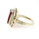 Art Deco Enamel Ring - Vintage 14k Yellow Gold Square Red Carnelian Gemstone - Circa 1930s Era Size 7 Cocktail Shield Fine Jewelry
