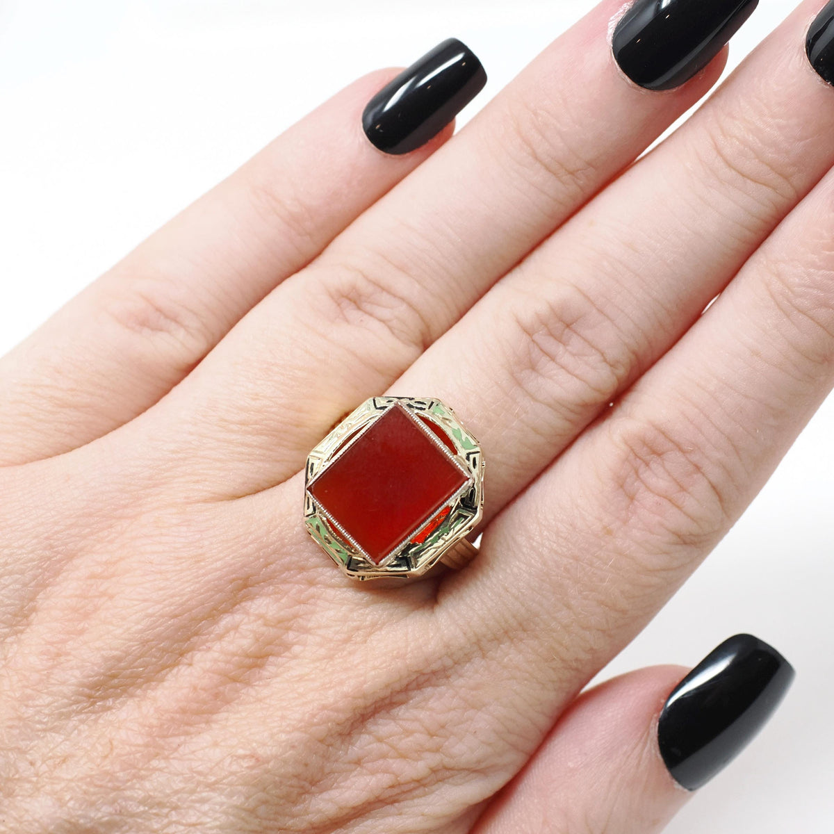 Art Deco Enamel Ring - Vintage 14k Yellow Gold Square Red Carnelian Gemstone - Circa 1930s Era Size 7 Cocktail Shield Fine Jewelry