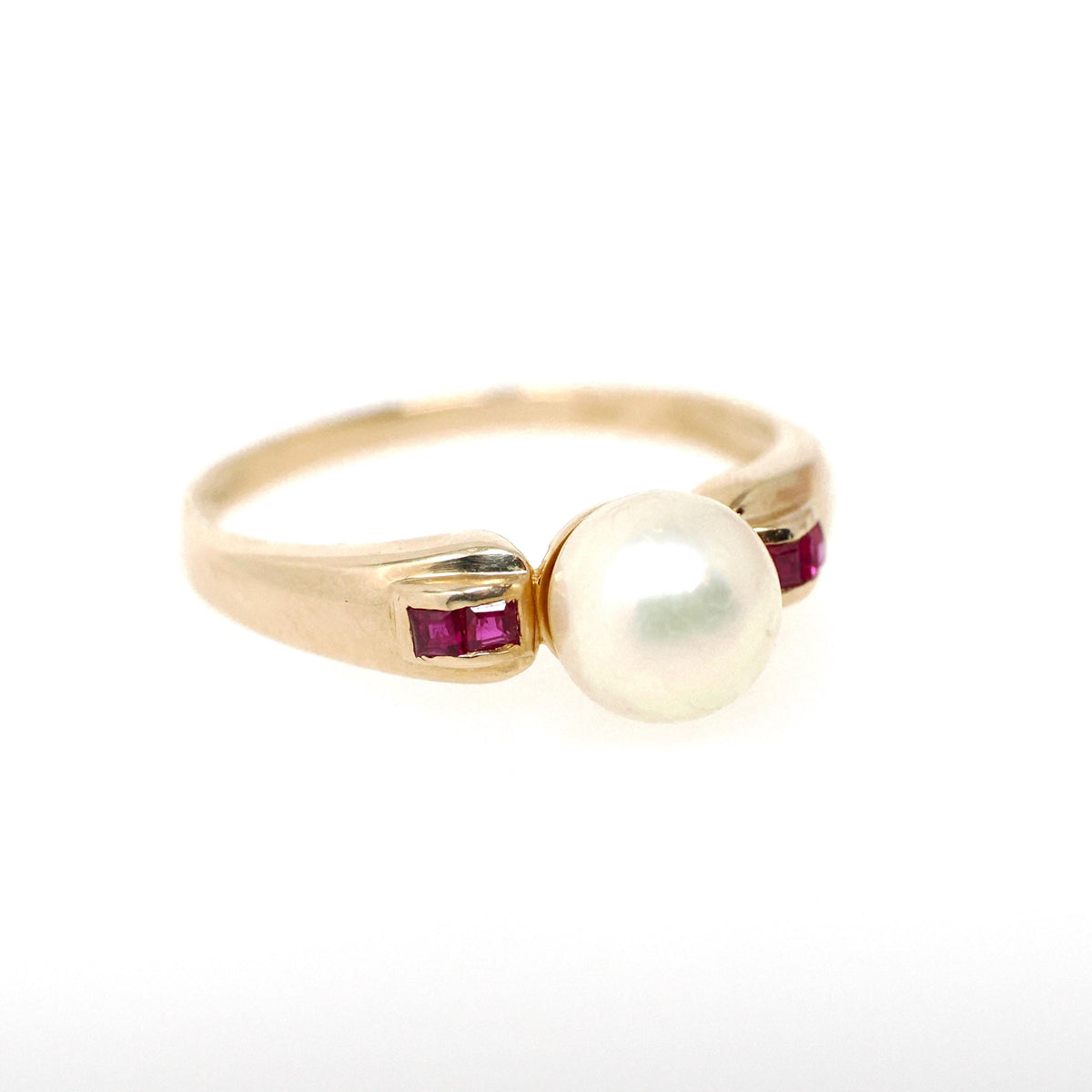 Cultured Pearl Ring - Contemporary 14k Yellow Gold Ruby Accent Gemstones - Vintage Circa 1990s Size 7 June and July Birthstones Fine Jewelry