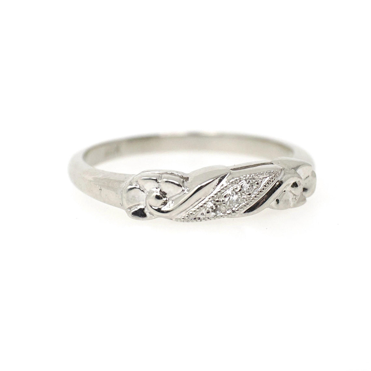 Mid Century Wedding Band - Vintage 14k White Gold Natural .02 CTW Diamond Floral Ring - Circa 1950s Size 6 1/4 Fine Bridal Stacking Jewelry