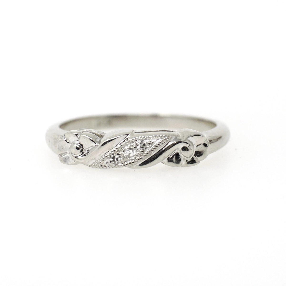 Mid Century Wedding Band - Vintage 14k White Gold Natural .02 CTW Diamond Floral Ring - Circa 1950s Size 6 1/4 Fine Bridal Stacking Jewelry