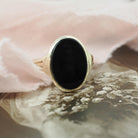 Mid Century Onyx Ring - Vintage 10k Yellow Gold Black Chalcedony Solitaire Gemstone Shield - Circa 1960s Era Size 6 Fine Statement Jewelry