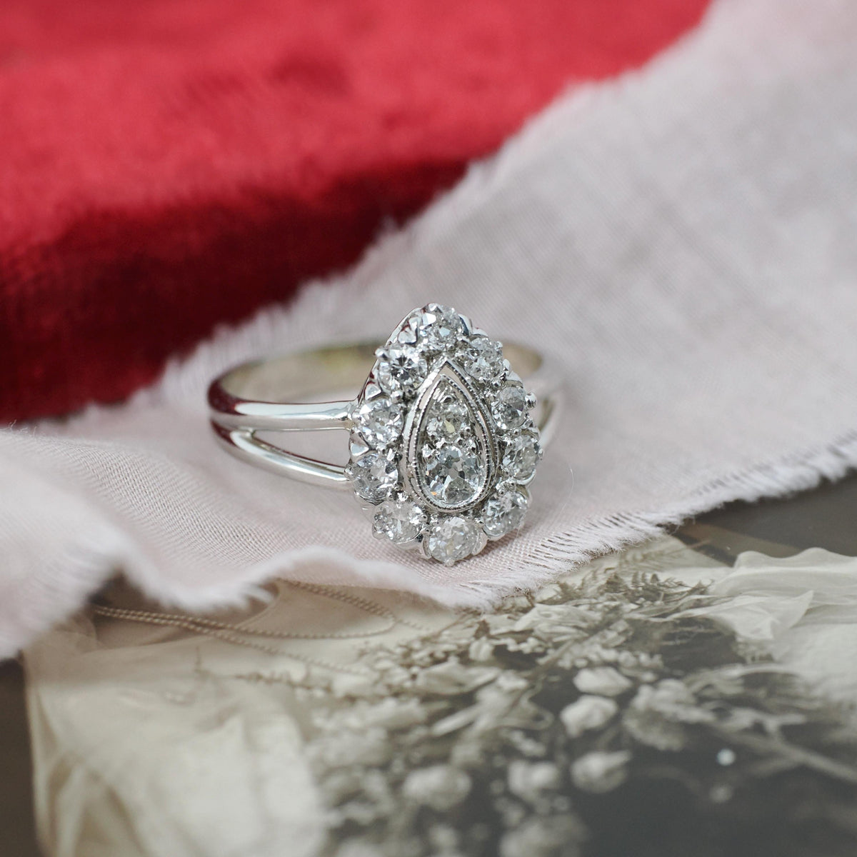 Diamond Halo Ring - Vintage Platinum & 14k White Gold .67 CTW Diamonds - Circa 1950s Era Size 7 1/4 Fine Pear Cluster Engagement Jewelry