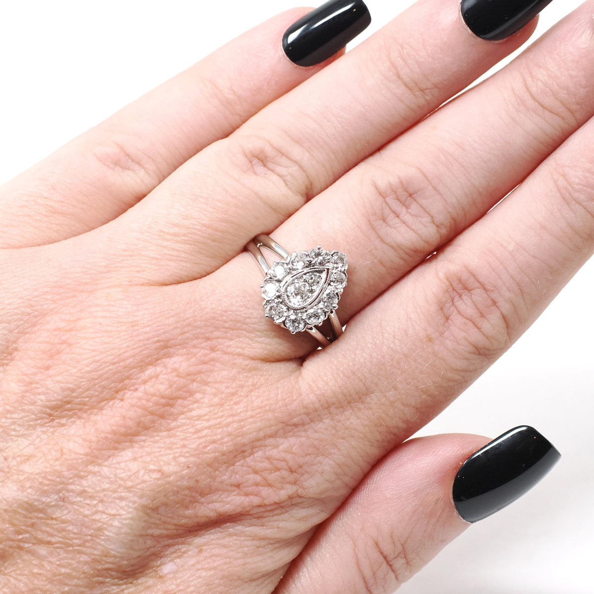 Diamond Halo Ring - Vintage Platinum & 14k White Gold .67 CTW Diamonds - Circa 1950s Era Size 7 1/4 Fine Pear Cluster Engagement Jewelry