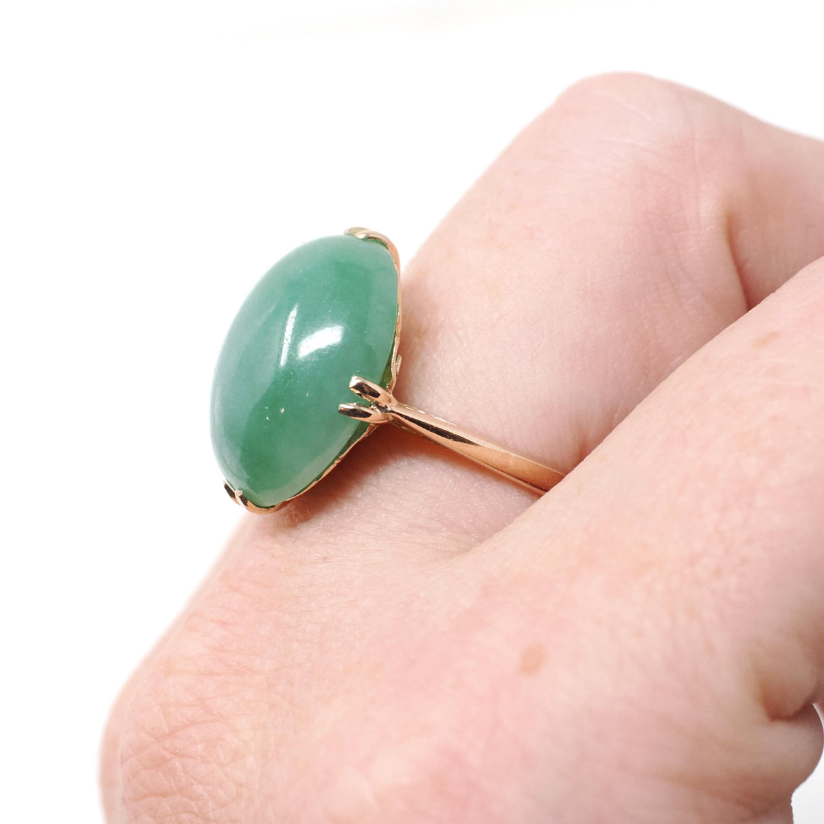 Vintage Jadeite Ring - Mid Century 14k Yellow Gold Light Green Oval Cabochon Gemstone - Circa 1960s Era Size 5 1/2 Fine Solitaire Jewelry