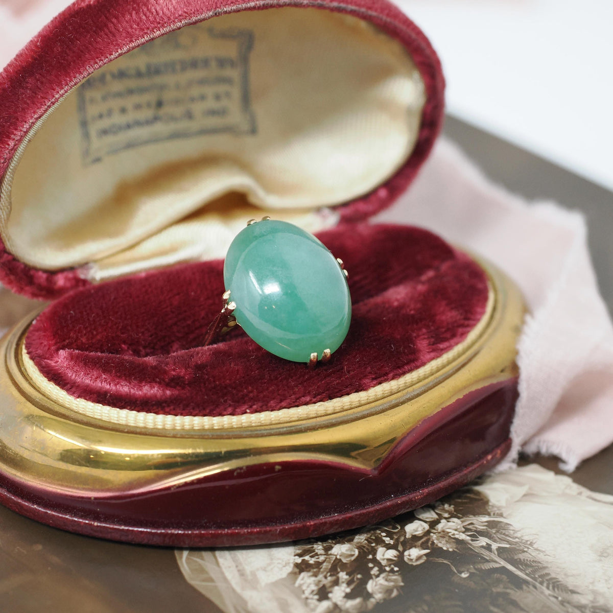 Vintage Jadeite Ring - Mid Century 14k Yellow Gold Light Green Oval Cabochon Gemstone - Circa 1960s Era Size 5 1/2 Fine Solitaire Jewelry