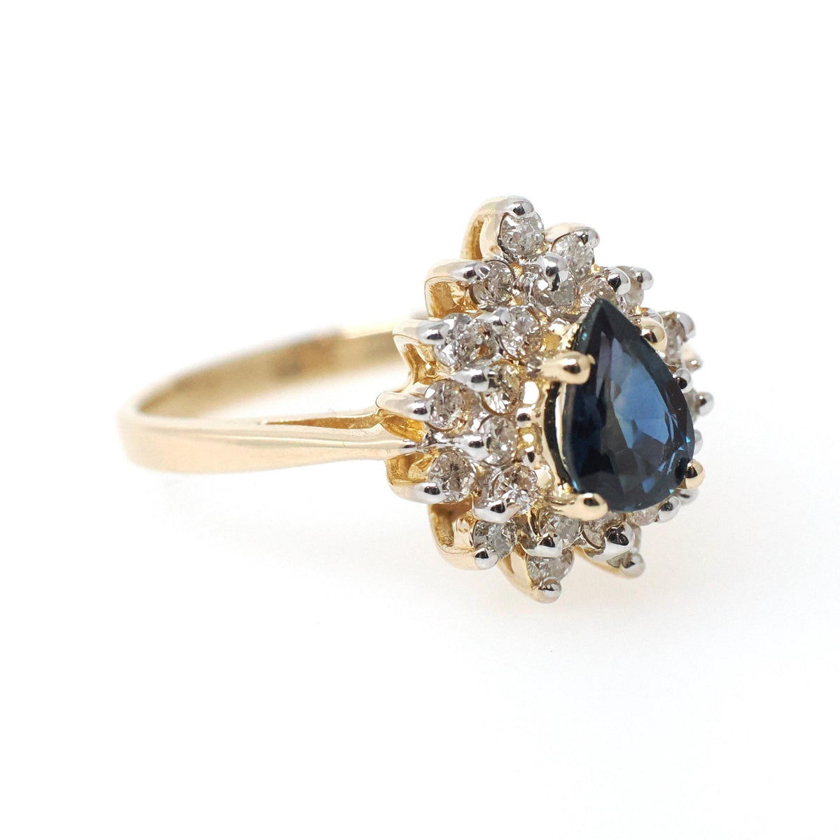 Pear Sapphire Halo Ring - Contemporary 14k Yellow Gold 0.50 CTW Diamond Cluster - Circa 1990s Era Size 6 1/2 Tiered Engagement Fine Jewelry