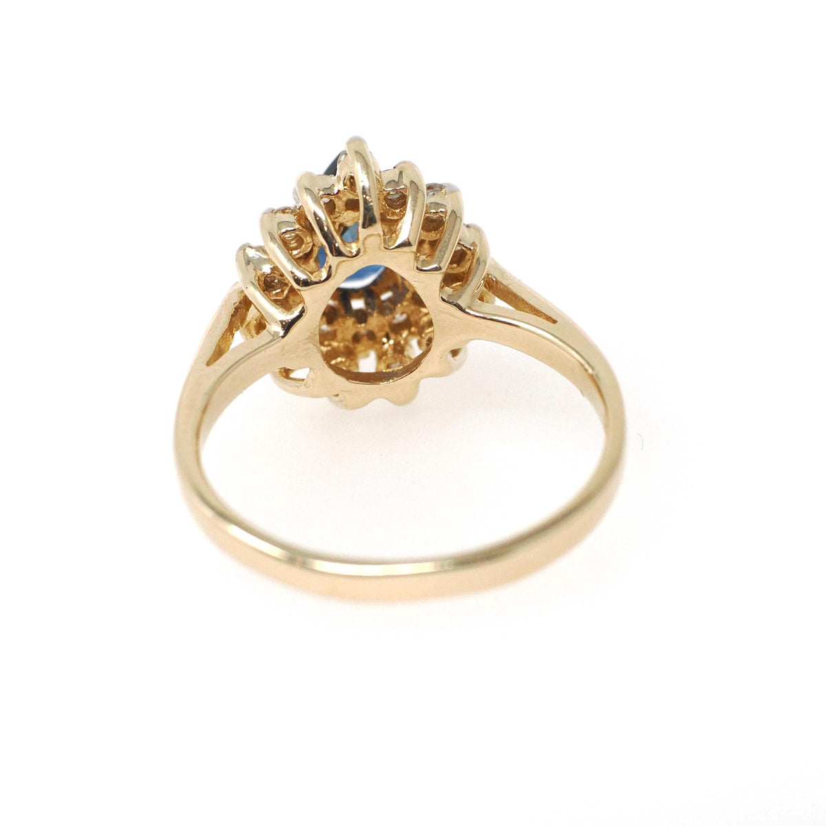 Pear Sapphire Halo Ring - Contemporary 14k Yellow Gold 0.50 CTW Diamond Cluster - Circa 1990s Era Size 6 1/2 Tiered Engagement Fine Jewelry