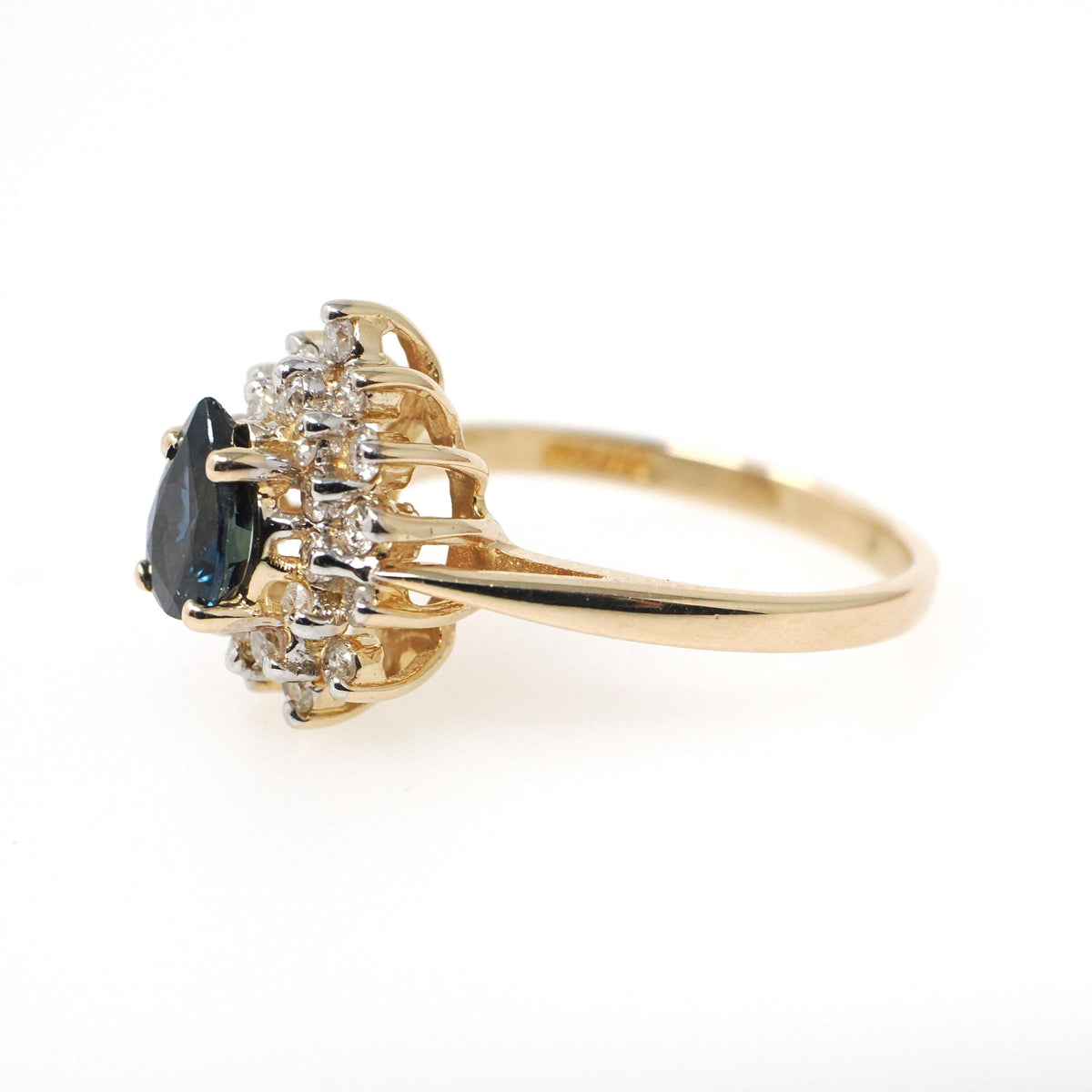 Pear Sapphire Halo Ring - Contemporary 14k Yellow Gold 0.50 CTW Diamond Cluster - Circa 1990s Era Size 6 1/2 Tiered Engagement Fine Jewelry