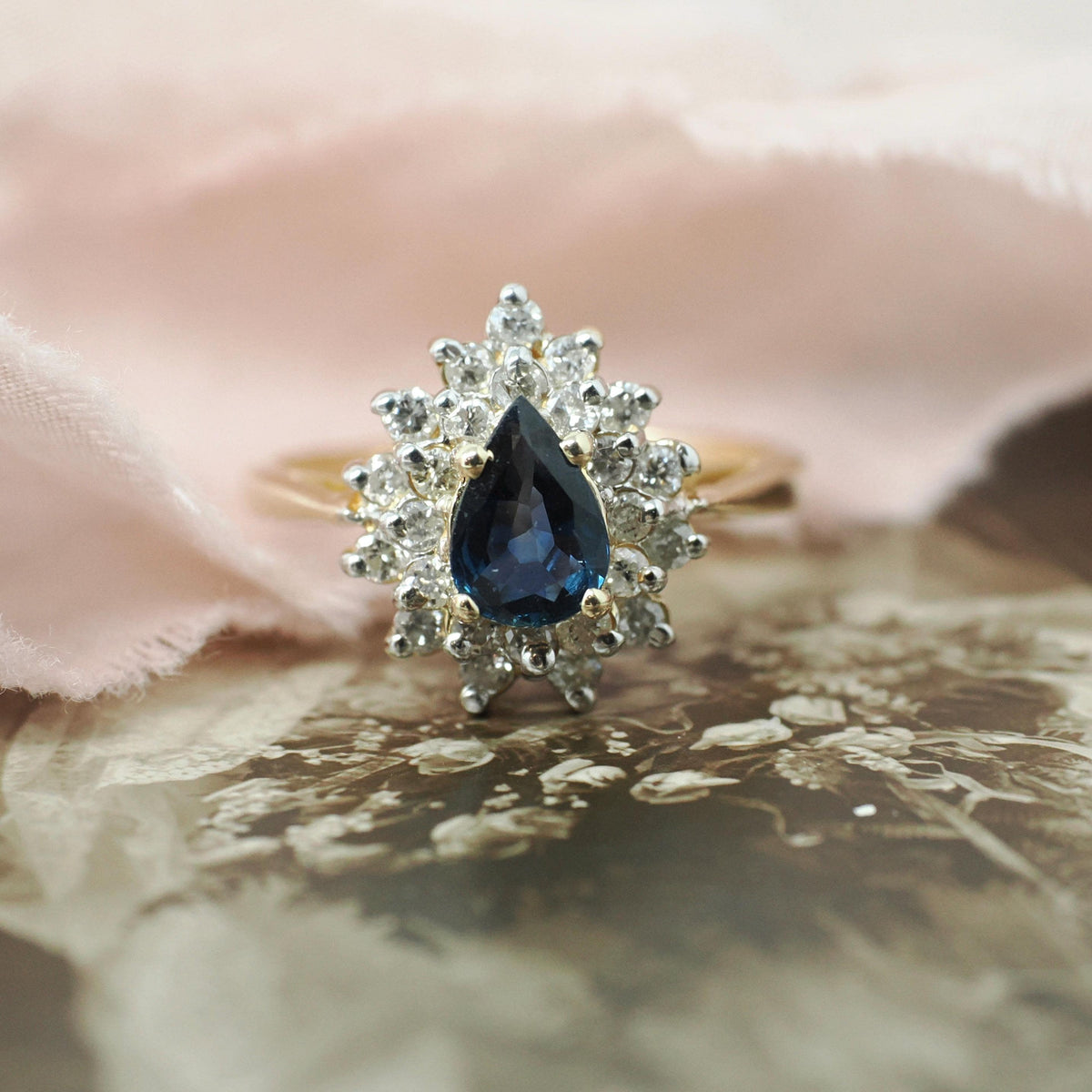 Pear Sapphire Halo Ring - Contemporary 14k Yellow Gold 0.50 CTW Diamond Cluster - Circa 1990s Era Size 6 1/2 Tiered Engagement Fine Jewelry