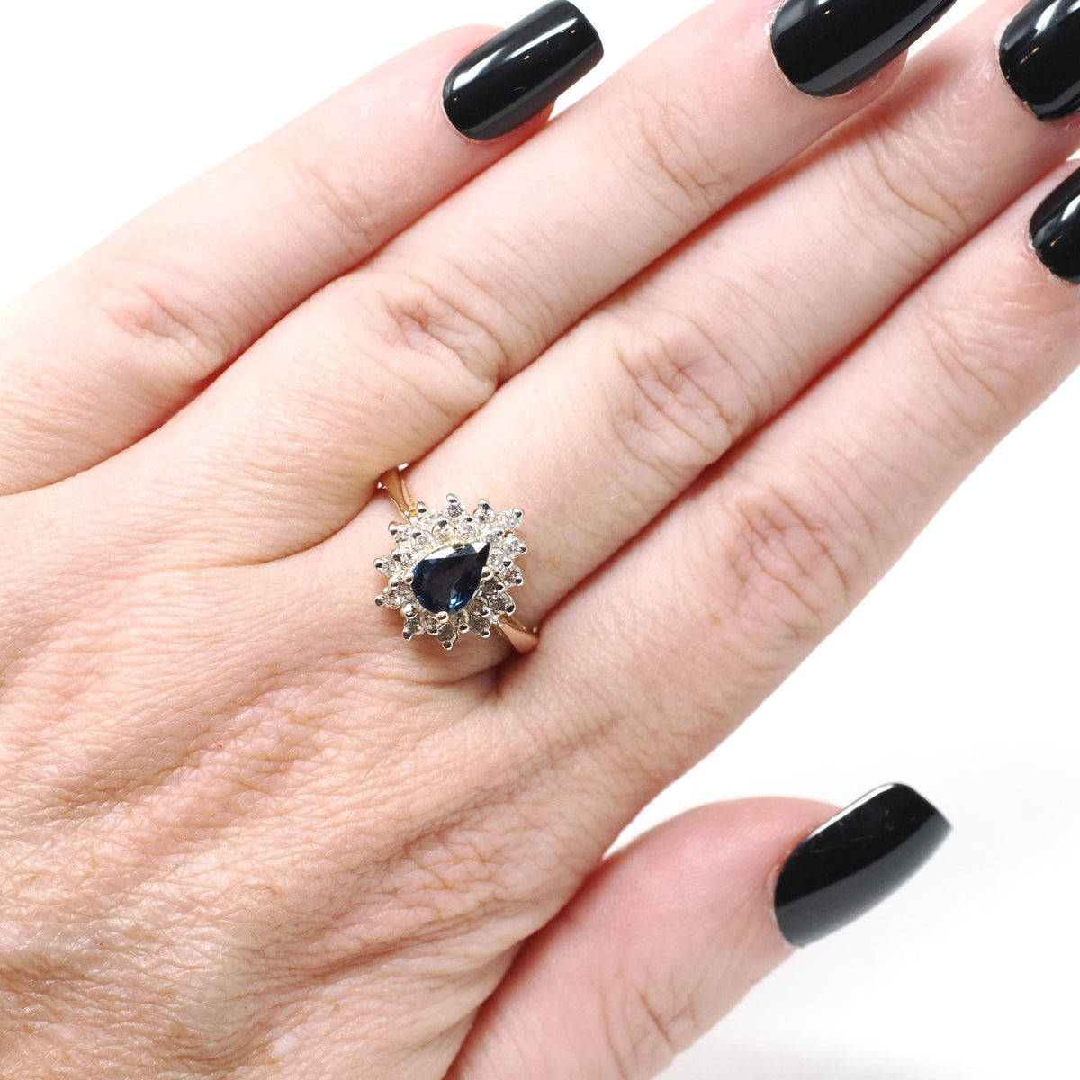 Pear Sapphire Halo Ring - Contemporary 14k Yellow Gold 0.50 CTW Diamond Cluster - Circa 1990s Era Size 6 1/2 Tiered Engagement Fine Jewelry