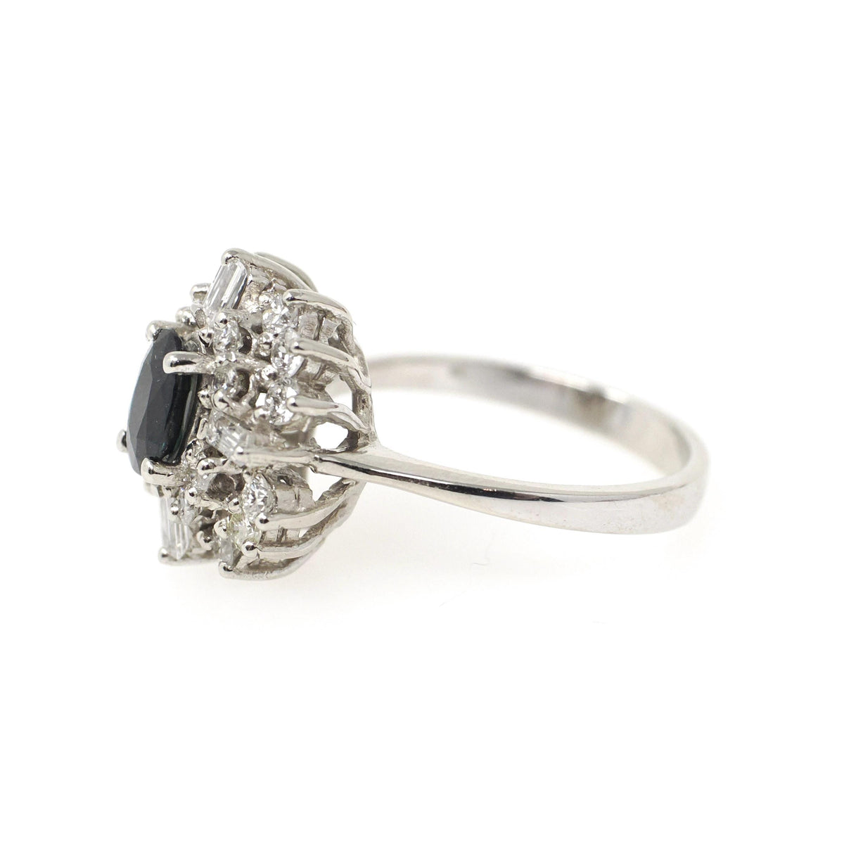 Sapphire & Diamond Ring - Contemporary 14k White Gold Oval Blue Gem .80 CTW Cluster Halo - Circa 1980s Era Size 5.75 Engagement Fine Jewelry