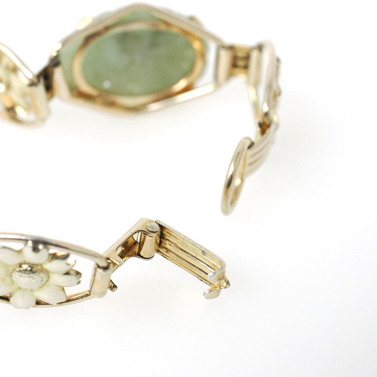 Vintage Jade Bracelet - Mid Century Era Gold Filled Green Gemstone Floral Panels - Circa 1960s Fold Over Clasp Fashion Accessory Jewelry
