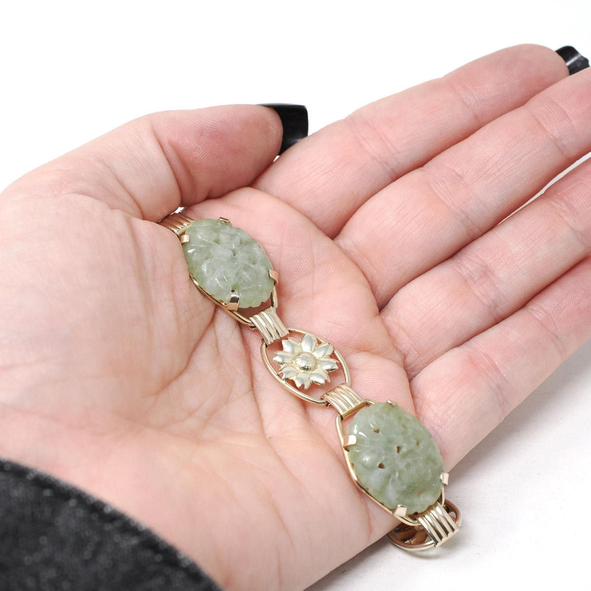 Vintage Jade Bracelet - Mid Century Era Gold Filled Green Gemstone Floral Panels - Circa 1960s Fold Over Clasp Fashion Accessory Jewelry