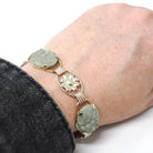 Vintage Jade Bracelet - Mid Century Era Gold Filled Green Gemstone Floral Panels - Circa 1960s Fold Over Clasp Fashion Accessory Jewelry