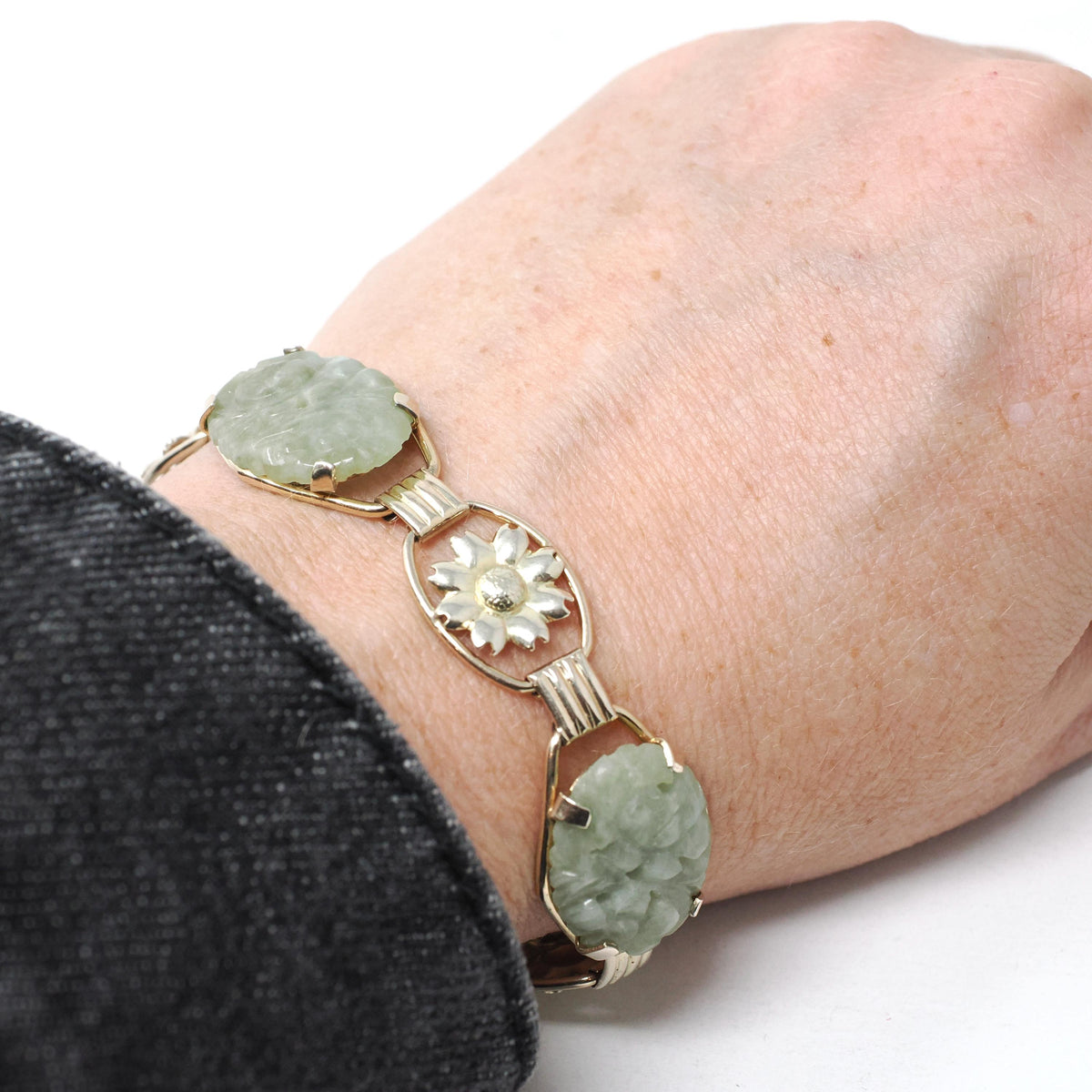 Vintage Jade Bracelet - Mid Century Era Gold Filled Green Gemstone Floral Panels - Circa 1960s Fold Over Clasp Fashion Accessory Jewelry