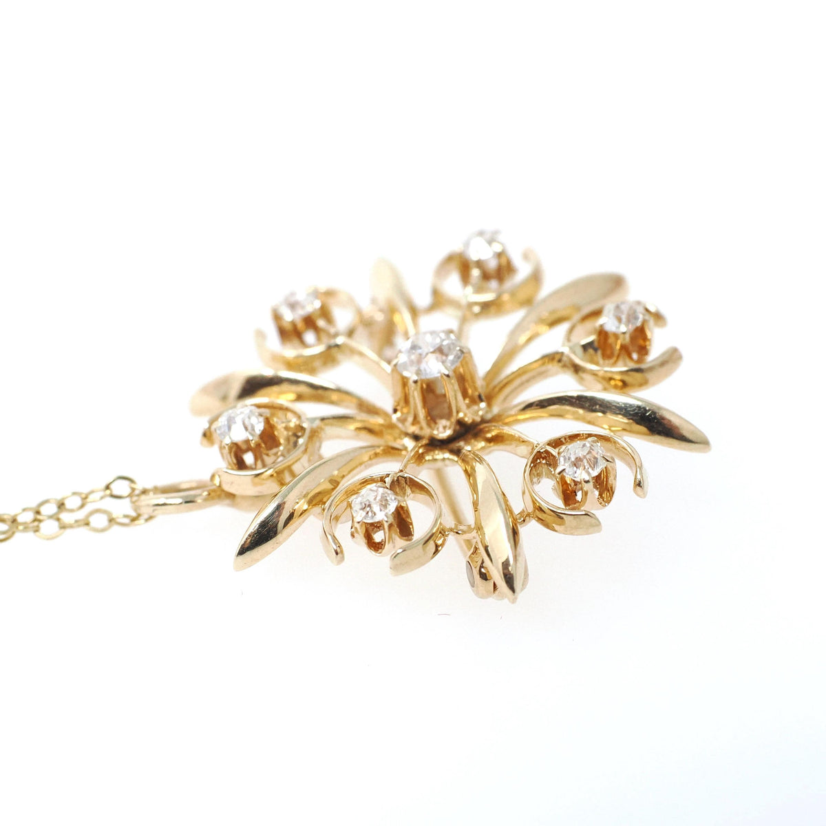 Antique Starburst Necklace - Edwardian 14k Yellow Gold .40 CTW Natural Old Mine & European Cut Diamond Pendant - Circa 1910s Fine Jewelry