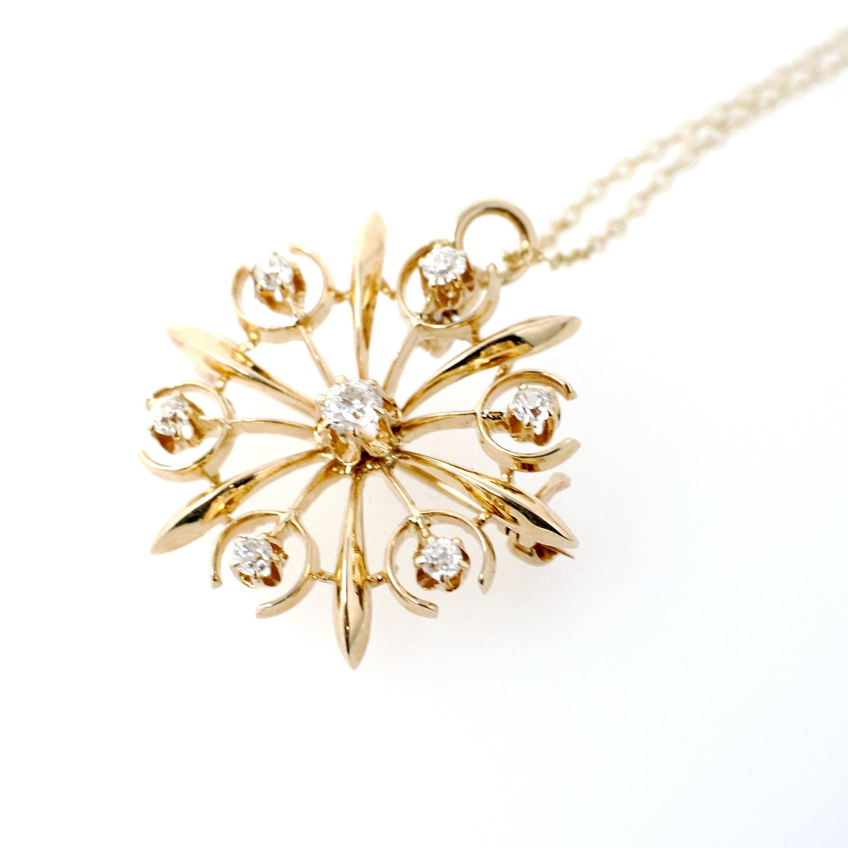 Antique Starburst Necklace - Edwardian 14k Yellow Gold .40 CTW Natural Old Mine & European Cut Diamond Pendant - Circa 1910s Fine Jewelry