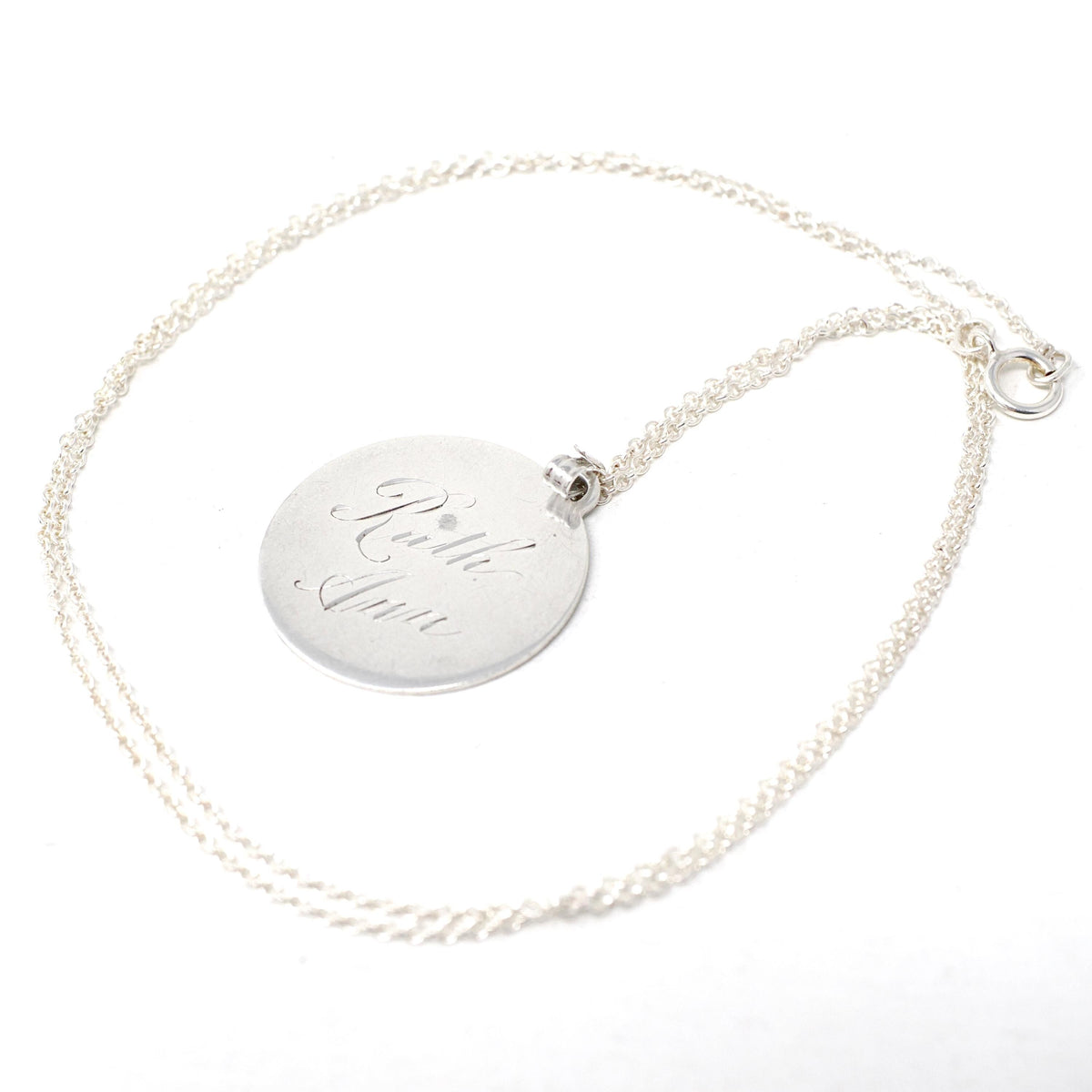 Vintage Love Token - Mid Century Sterling Silver Engraved Name Ruth Ann Charm Necklace - Circa 1950s Era Engravable Disc Fashion Jewelry
