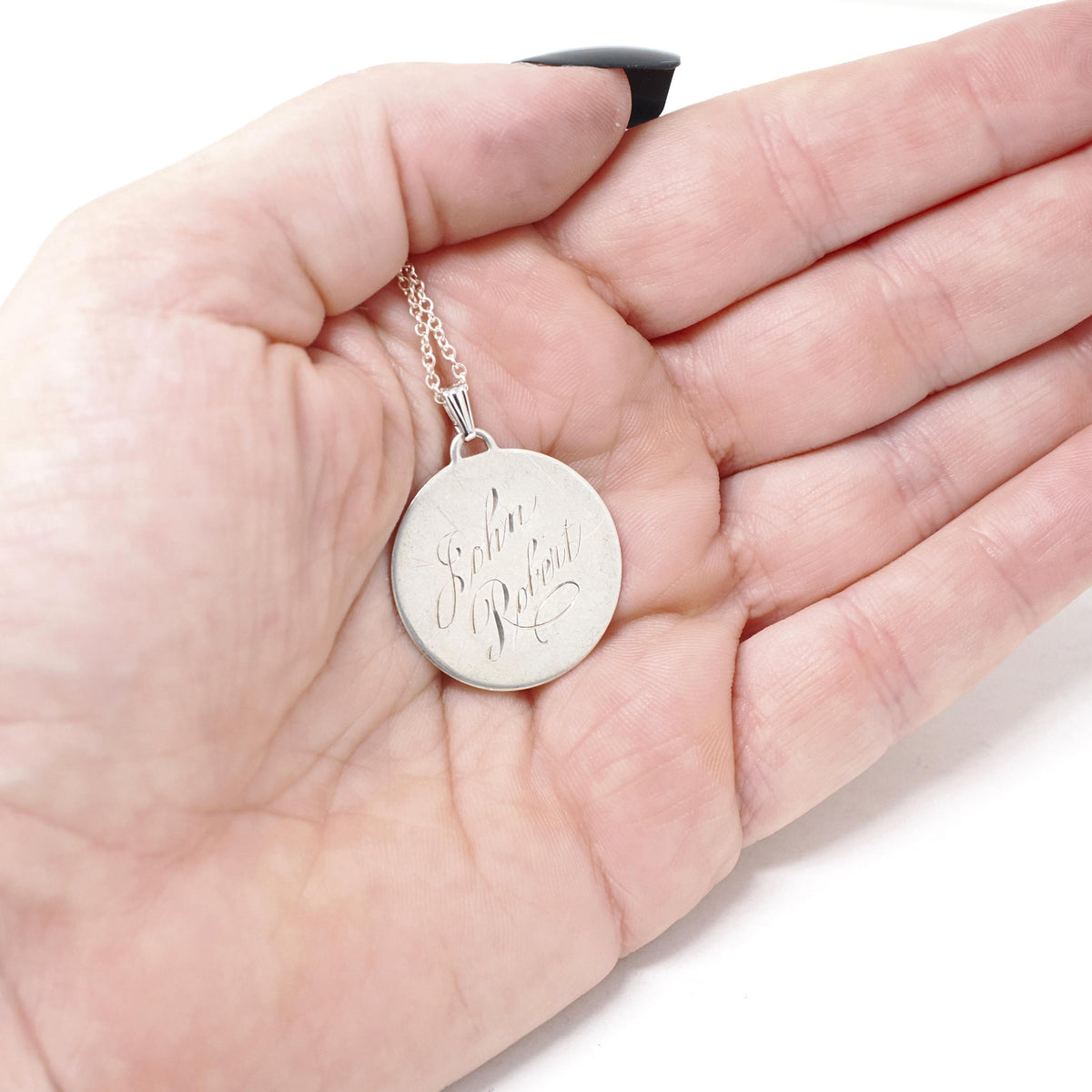 Vintage Love Token - Mid Century Sterling Silver Engraved Name John Robert Charm Necklace - Circa 1950s Era Engravable Disc Fashion Jewelry