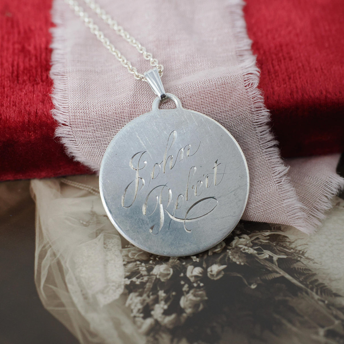 Vintage Love Token - Mid Century Sterling Silver Engraved Name John Robert Charm Necklace - Circa 1950s Era Engravable Disc Fashion Jewelry