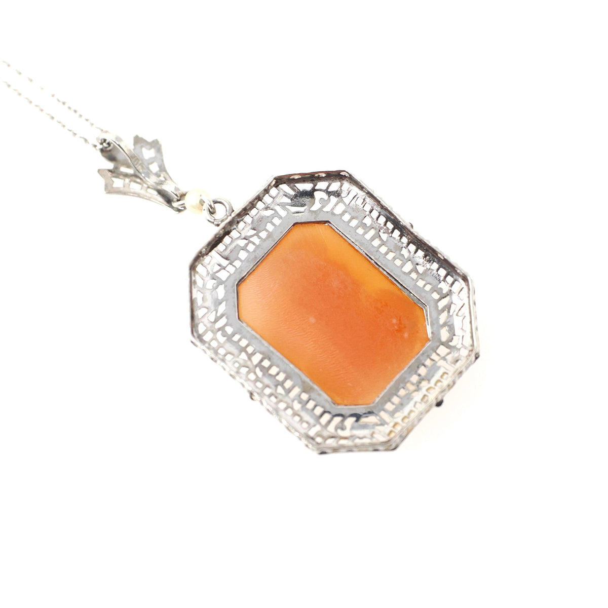 Vintage Cameo Necklace - Art Deco Era 10k White Gold Carved Shell Square Pendant Lavalier - Circa 1930s Filigree 14k Chain Fine 30s Jewelry