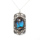 Morpho Butterfly Pendant - Retro Sterling Silver Blue Wing Necklace - Vintage Circa 1940s Era Tropical Sun Palm Tree Beach Souvenir Jewelry