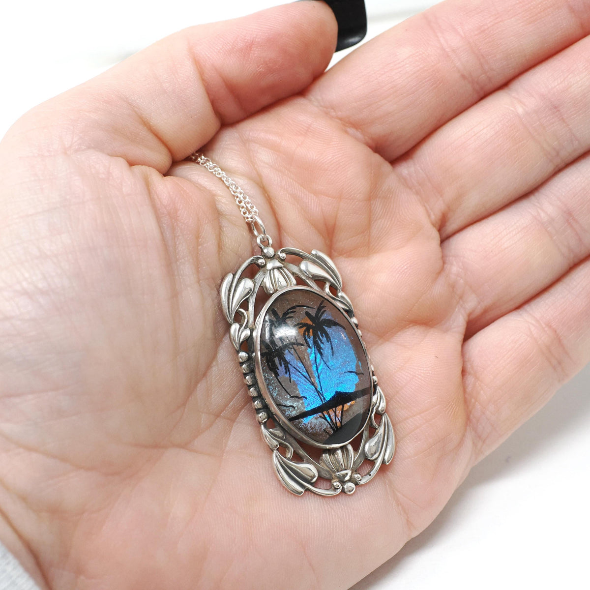 Morpho Butterfly Pendant - Retro Sterling Silver Blue Wing Necklace - Vintage Circa 1940s Era Tropical Sun Palm Tree Beach Souvenir Jewelry