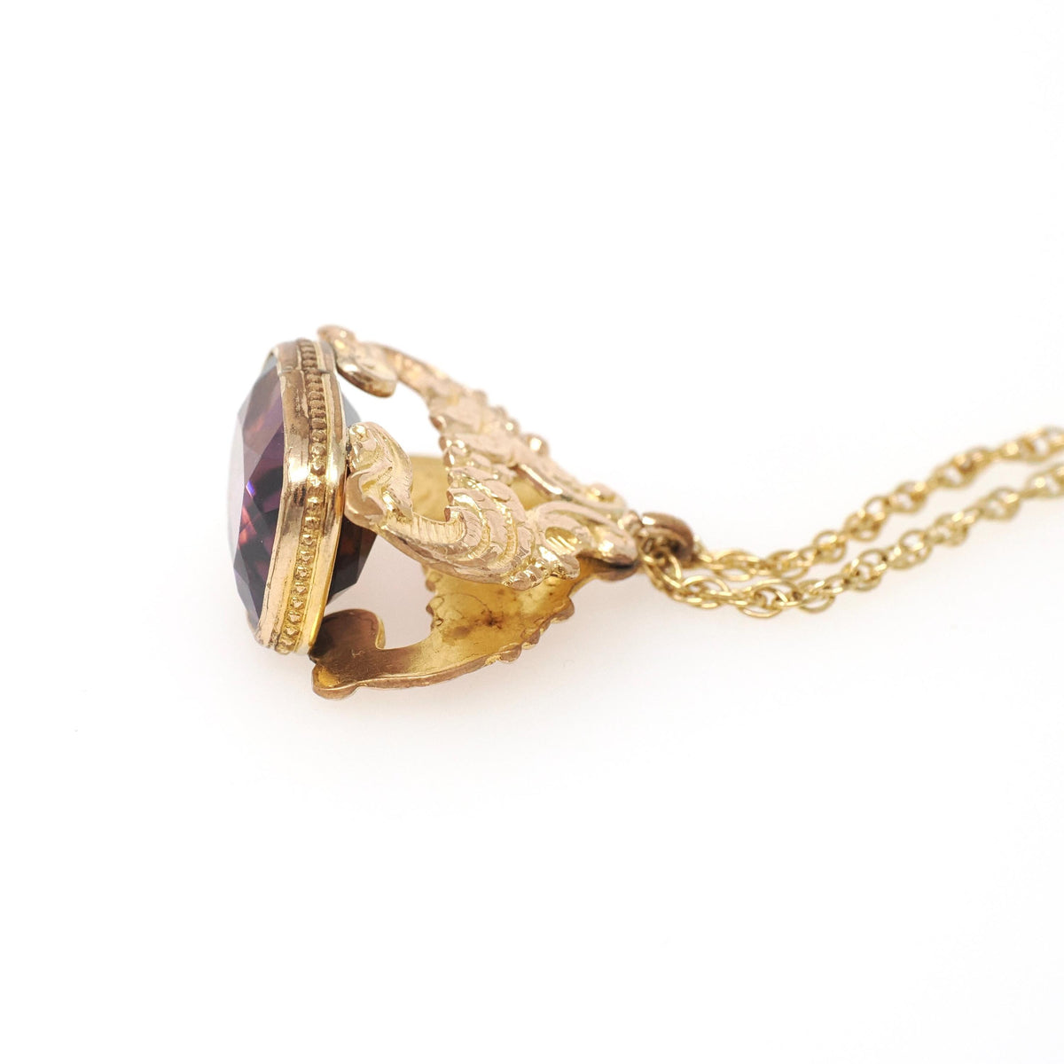 Antique Fob Necklace - Victorian Era Yellow Gold Filled Faceted Purple Glass Wax Seal - Circa 1890s Swirled Repousse Watch Pendant Jewelry