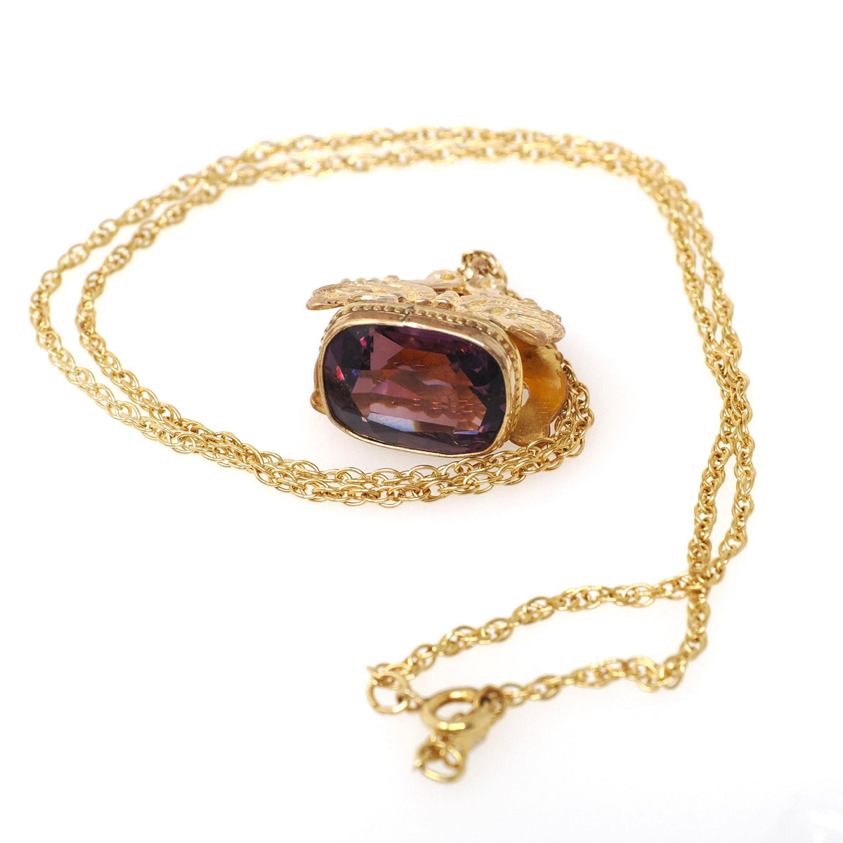 Antique Fob Necklace - Victorian Era Yellow Gold Filled Faceted Purple Glass Wax Seal - Circa 1890s Swirled Repousse Watch Pendant Jewelry