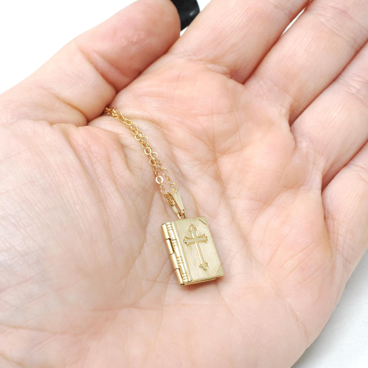 Vintage Bible Locket - Mid Century 14k Yellow Gold Cross Necklace Pendant Religious Book Charm - Circa 1950s The Lord's Prayer Fine Jewelry