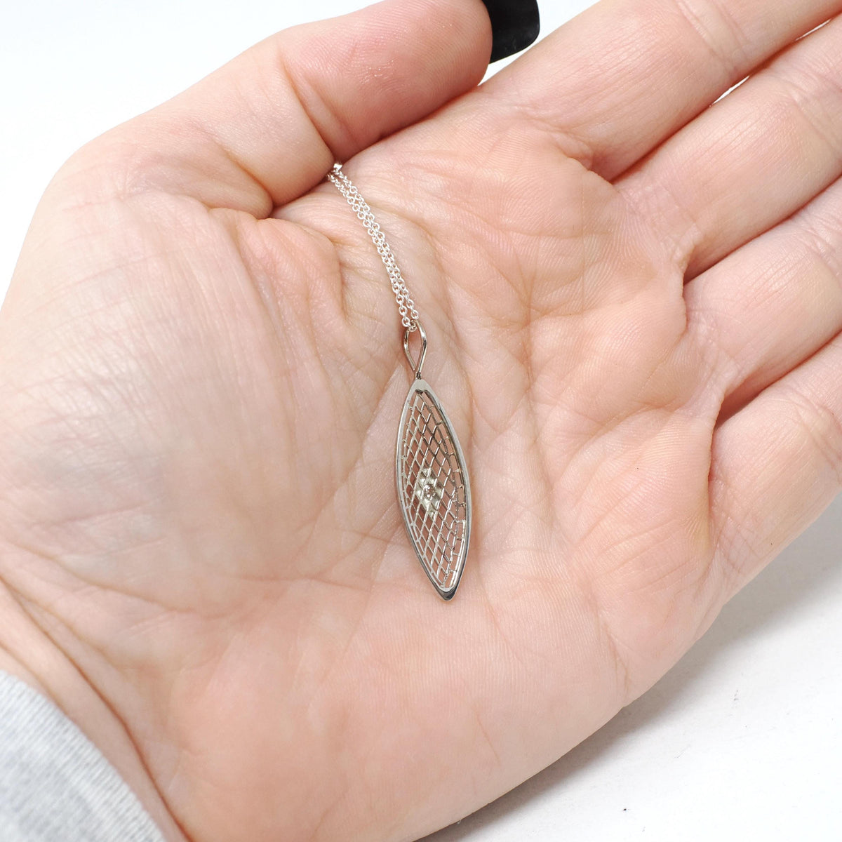 Art Deco Necklace - Vintage 14k White Gold Filigree Brooch Conversion Pendant - Circa 1930s Era .05 CT Diamond Gemstone Dainty Fine Jewelry