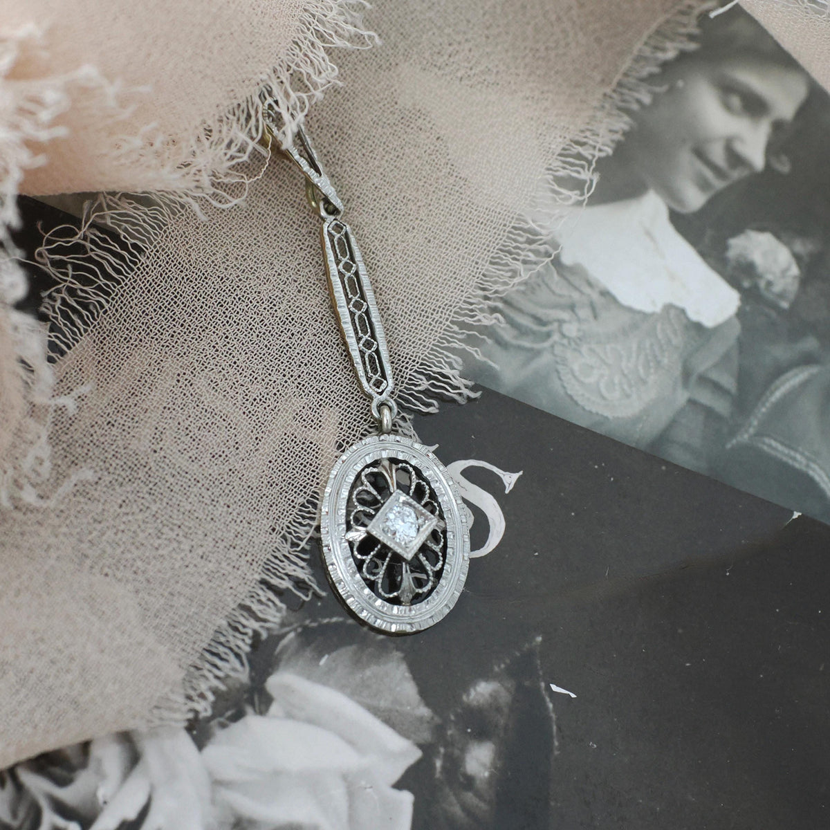 Edwardian Diamond Pendant - Antique 14k White Gold Natural Gemstone Charm Necklace - Vintage Circa 1910s Era Oval Filigree Fine Jewelry