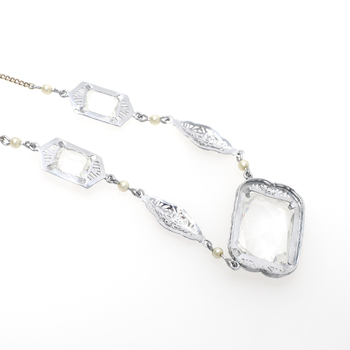 Art Deco Filigree Necklace - Vintage 10k White Gold Simulated Rock Crystal Quartz Links - Circa 1930s Era Clear Glass Fine Fashion Jewelry