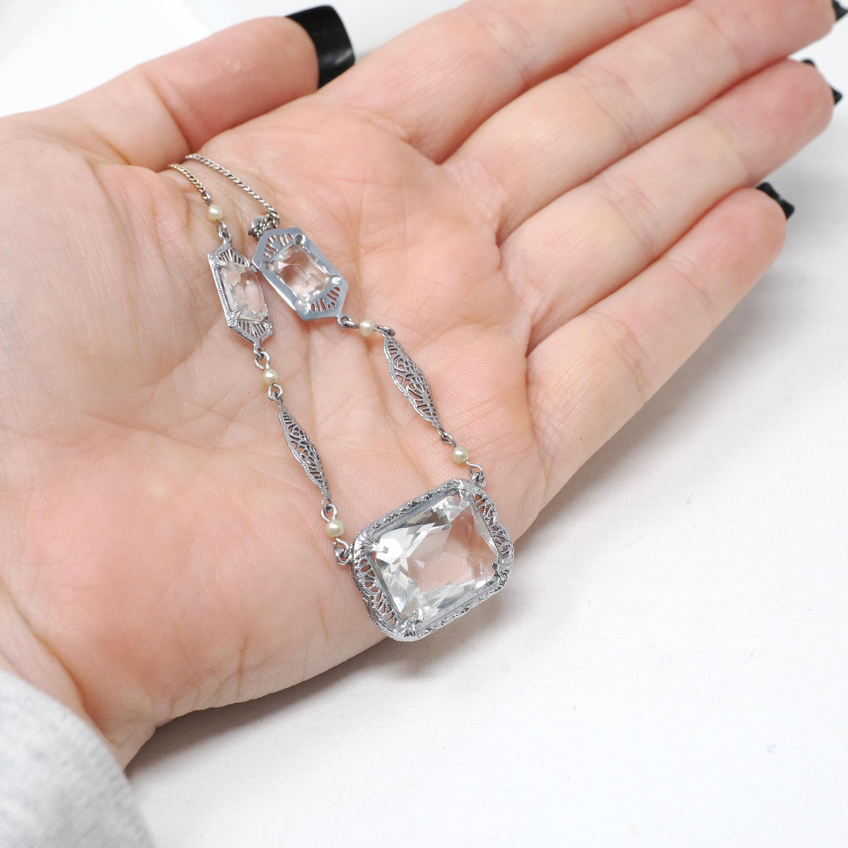 Art Deco Filigree Necklace - Vintage 10k White Gold Simulated Rock Crystal Quartz Links - Circa 1930s Era Clear Glass Fine Fashion Jewelry