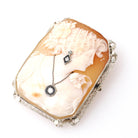 Habillé Cameo Brooch - Art Deco Era 14k White Gold Natural Diamonds Carved Shell Woman's Profile Filigree Pin - Circa 1920s Fine Jewelry