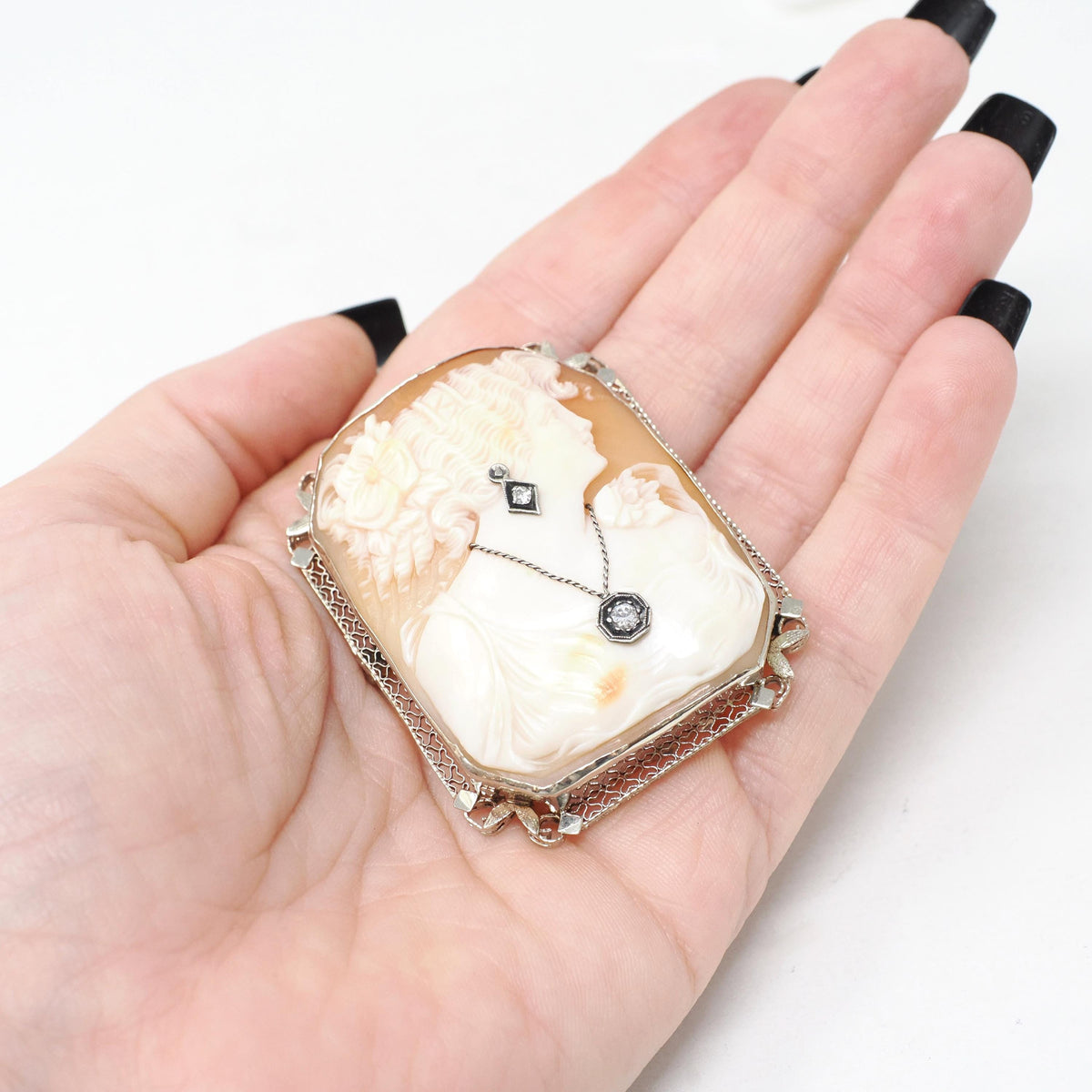 Habillé Cameo Brooch - Art Deco Era 14k White Gold Natural Diamonds Carved Shell Woman's Profile Filigree Pin - Circa 1920s Fine Jewelry