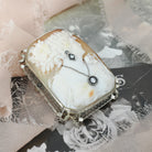 Habillé Cameo Brooch - Art Deco Era 14k White Gold Natural Diamonds Carved Shell Woman's Profile Filigree Pin - Circa 1920s Fine Jewelry